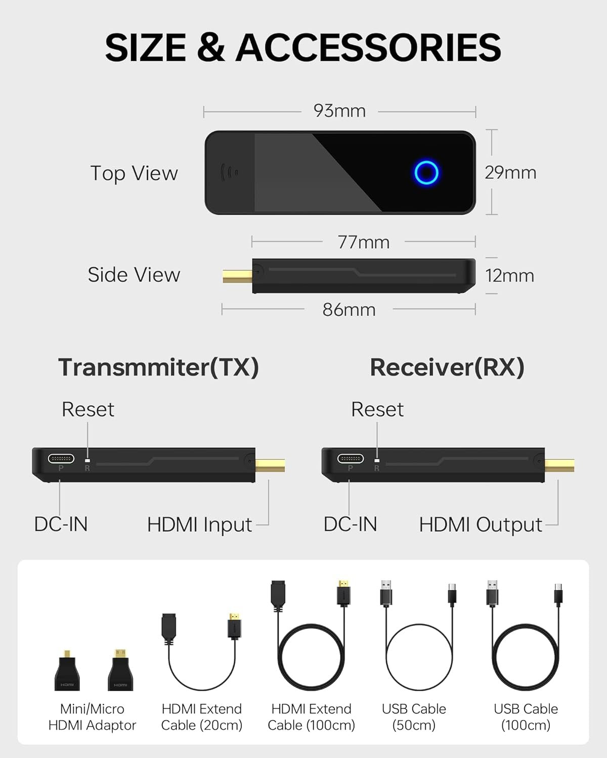 Wireless HDMI Transmitter and Receiver - 4K Decoding 1080P 60HZ Output, Dual Band 2.4GHZ/5GHz, 98FT, Streaming Video Audio from Laptop, PC, STB, Camera to TV, Projector, Monitor(Black)