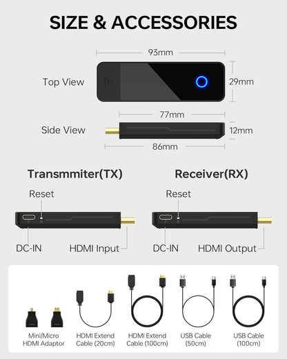 Wireless HDMI Transmitter and Receiver - 4K Decoding 1080P 60HZ Output, Dual Band 2.4GHZ/5GHz, 98FT, Streaming Video Audio from Laptop, PC, STB, Camera to TV, Projector, Monitor(Black)