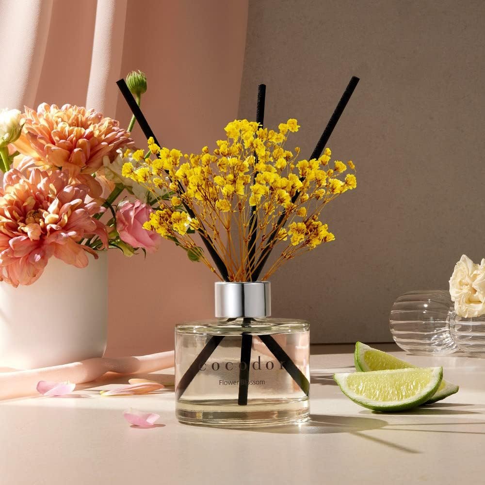COCODOR Flower Reed Diffuser Set / 200ml / White Jasmine/Scent Diffuser with Sticks Home Fragrance Reed Diffuser for Bathroom Shelf Decor