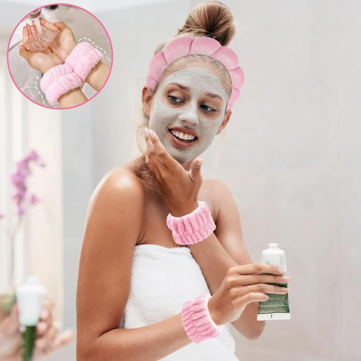 Spa Headbands for Women,3 Pcs Makeup Headband and Wrist Washband Set Skincare Headbands,for Face Washing, Spa,Shower, Makeup Removal Hair Accessories(Pink)