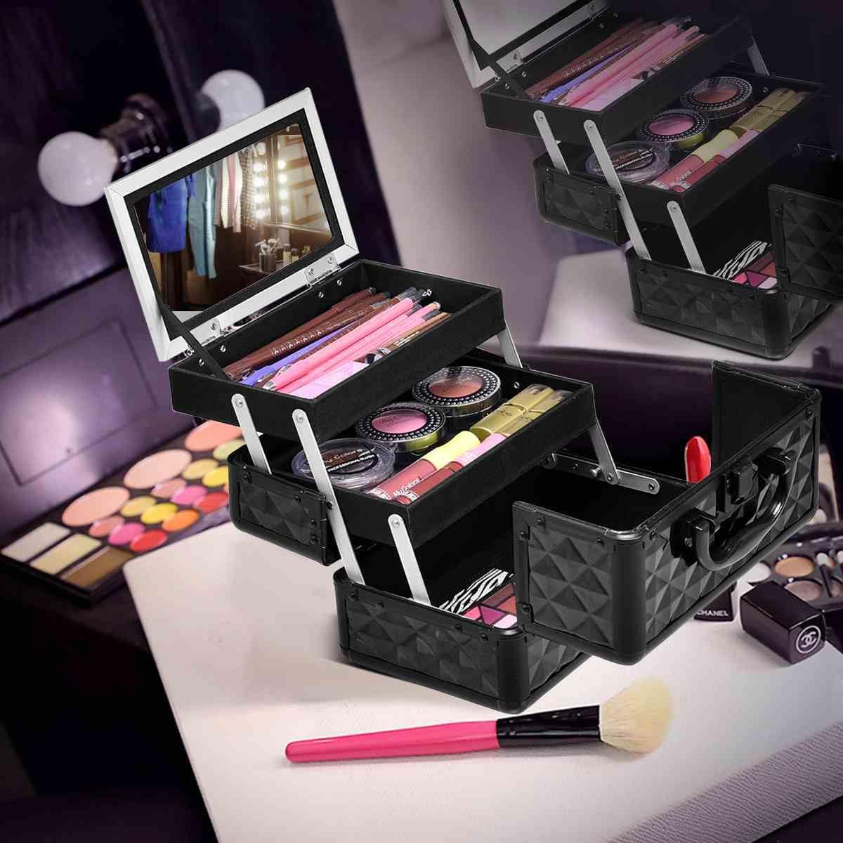 Cosmetic Beauty Case, Portable Lockable Makeup Jewelry Organizer, Travel Makeup Storage Box w/Mirror, Diamond Rose Gold, for Home Travel Gift (Black)