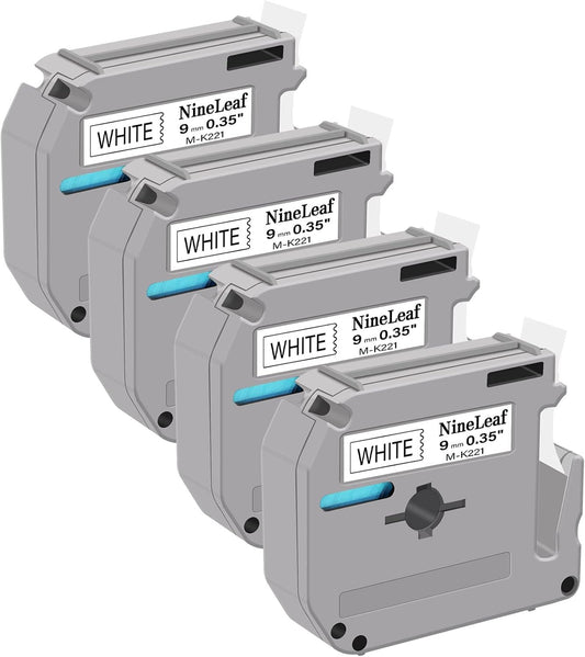 NineLeaf 4 Pack Compatible for Brother P-Touch M Label Tape MK221 M-K221 M221 Black on White 3/8" (9mm) x 26.2ft (8m) Labeling Refill Work in PT-45M PT-65 PT-70 PT-M95 Label Maker