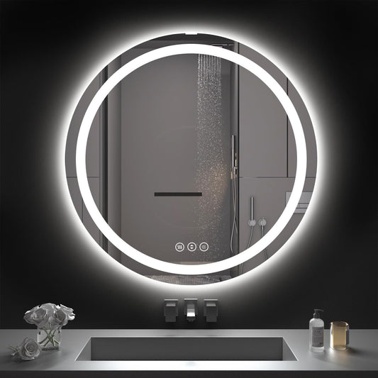 Round LED Bathroom Mirror with Lights, Backlit & Front Lighted, Wall-Mounted Vanity Mirror 3000K/4000K/6000K, Memory Functions, Anti-Fog, Dimmable Smart Mirror (Round 24" x 24")