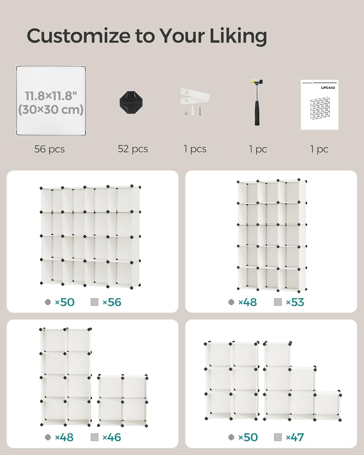 SONGMICS Cube Storage Organizer, 16 Cube Closet Organizers 48.4 x 12.2 x 48.4 Inches, Cream White ULPC442M01