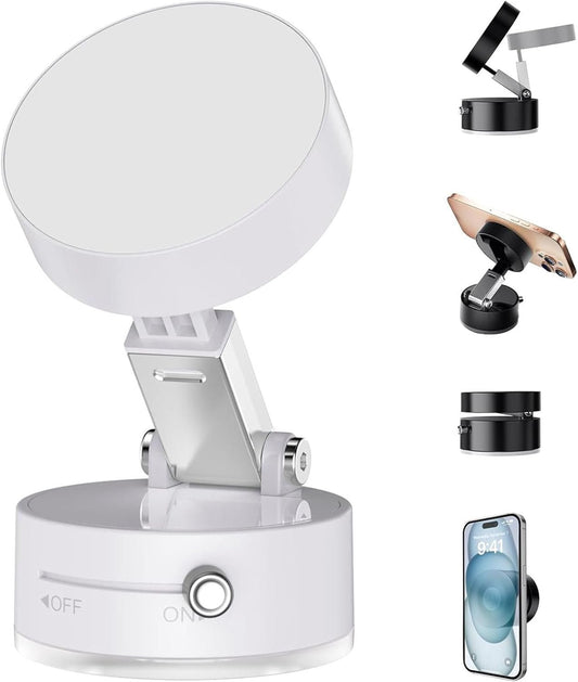 Magnetic Car Phone Holder with Strong Suction Cup, Universal Mobile Phone Holder 360° Rotatable and Foldable, Compatible with All Smartphones for Car, Home, Gym (White)