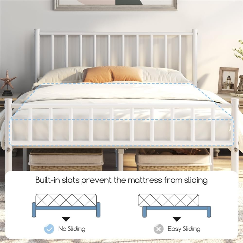 FullFurnique Metal Full Bed Frame, White Platform Bed Frame with Iron-Art Headboard and Footboard, Under Bed Storage, No Box Spring Needed, Steel Slat Support