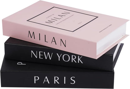 3 pcs City Decorative Books Set for Home Decor,Modern Black and Pink Faux Books,Hardcover Book,Stackfor Coffee Table and Shelf Accessories (Paris/Milan/Newyork)