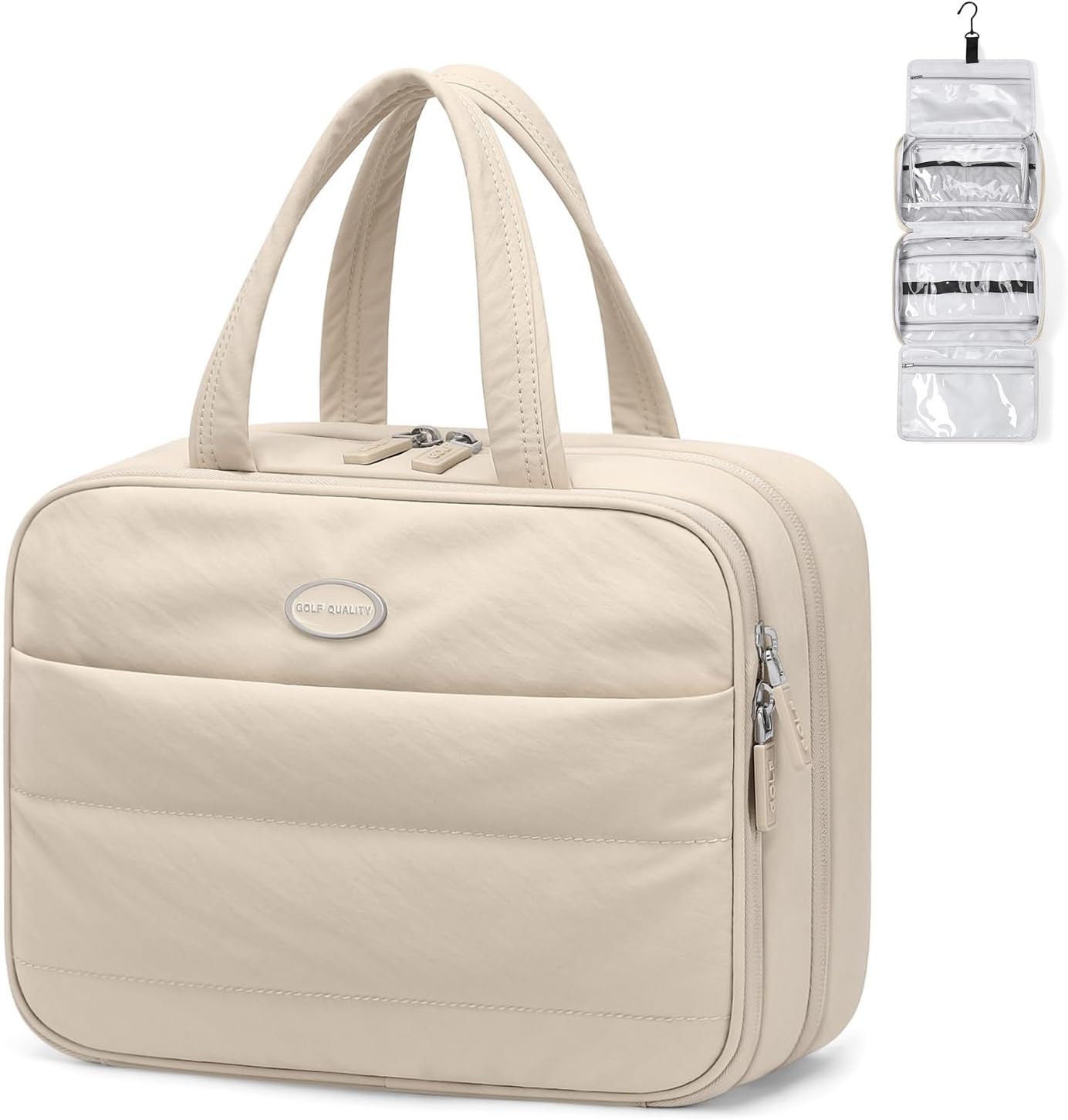 GOLF QUALITY Women's Travel Toiletry Bag Hanging Waterproof Makeup Bag High Capacity Travel Makeup Bag Useful Accessories Large Makeup Bag with Hook, Elegant Apricot, Includes