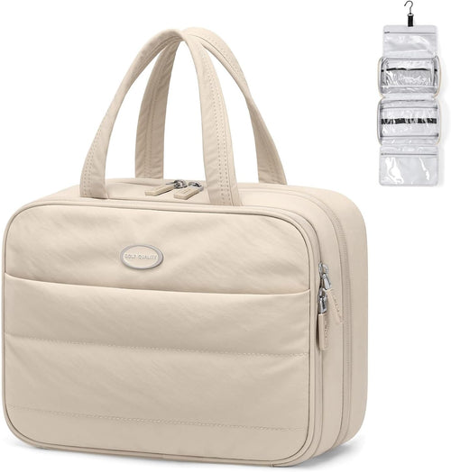 GOLF QUALITY Women's Travel Toiletry Bag Hanging Waterproof Makeup Bag High Capacity Travel Makeup Bag Useful Accessories Large Makeup Bag with Hook, Elegant Apricot, Includes