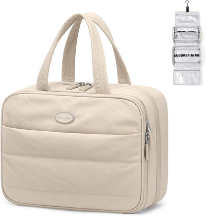 GOLF QUALITY Travel Toiletry Bag with Jewelry Organizer, Hanging Toiletry Bags Puffy Cosmetic Makeup Bag Organizer Carry-on Travel Bag for Accessories,Toiletries,Essentials, Apricot