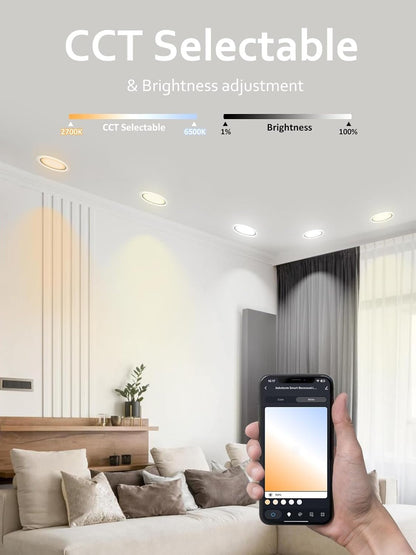 Smart Recessed Lighting 4 inch, RGBCW Color Changing LED Downlight, 9W 750LM Wi-Fi Bluetooth Soffit Light with Junction Box, Work with Alexa/Google Assistant, IC Rated & ETL Certified,1 Pack