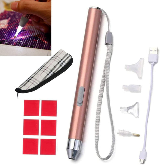LED Diamond Painting Drill Pen, Upgrade USB Rechargeable Lighting Point Drill Pen, 4 Pen Heads, Storage Bag, Painting Accessories Kits Cross Stitch Tools for DIY Craft (Rose Golden)