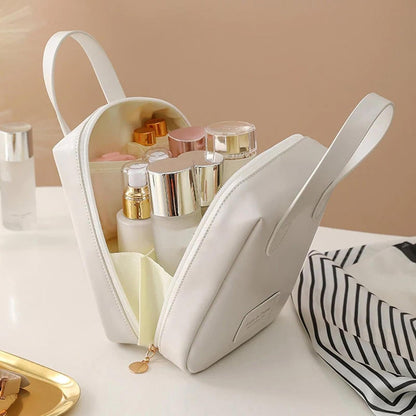 Travel Toiletry Bag | Women Makeup Bag | Large Capacity Makeup Organizer Pouch with Handle, 2 Compartments 6 Pockets Portable Hygiene Bag for Shampoo, Make Up, Perfume, Personal Item, White, Refer to