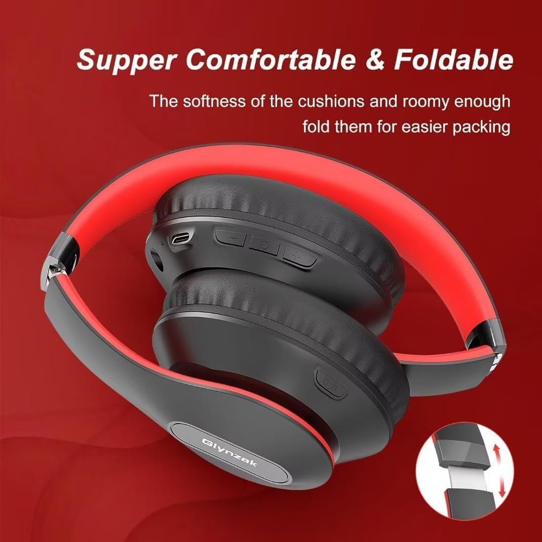 Wireless Bluetooth Headphones Over Ear 65H Playtime HiFi Stereo Headset with Microphone and 6EQ Modes Foldable Bluetooth V5.3 Headphones for Travel Computer Laptop(Black Red)