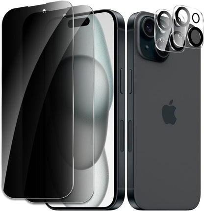 [2+2 Pack] Privacy Screen Protector for Apple iPhone 15, Anti-Spy Shatterproof Tempered Glass with Camera Lens Tempered Glass 9H Hardness Bubble Free Anti-Glare Case Friendly