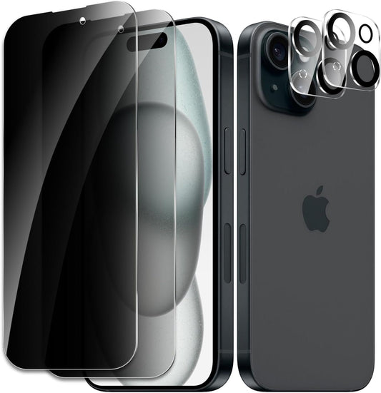 [2+2 Pack] Privacy Screen Protector for Apple iPhone 15, Anti-Spy Shatterproof Tempered Glass with Camera Lens Tempered Glass 9H Hardness Bubble Free Anti-Glare Case Friendly