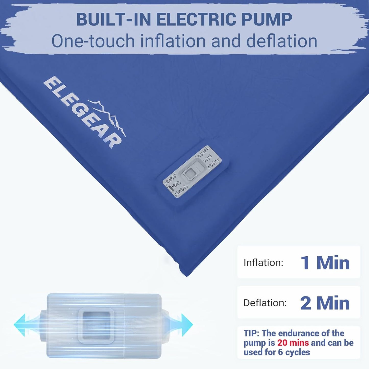 Sleeping Mats for Camping,Elegear Memory Foam Camping Mattress Built-in Electric Pump 3.1inch,Foldable Travel Cot Mattress R-Value 9.5 Foam Sleeping Pad Double Floor Mattress with Pillow,Blue