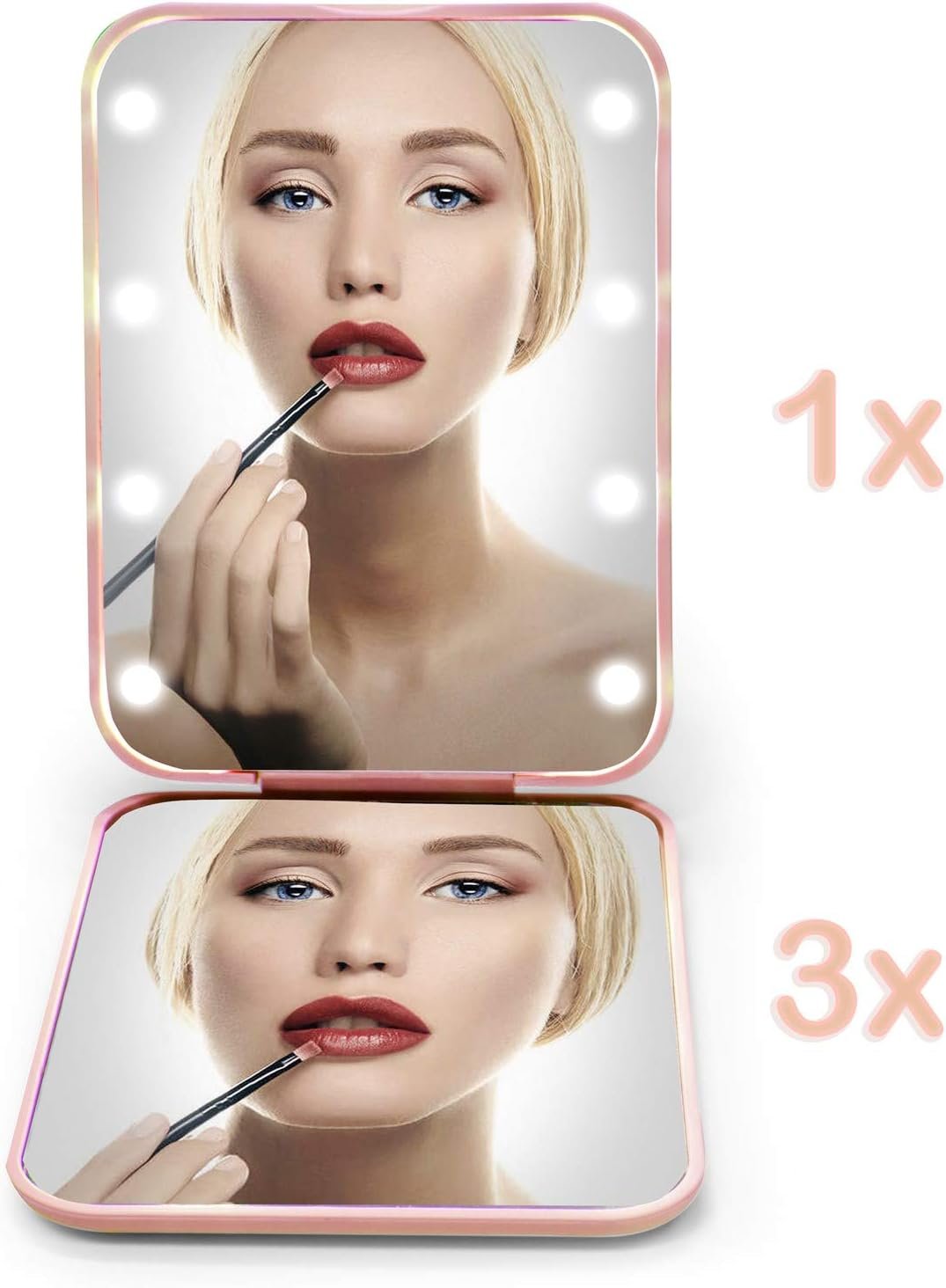 Kintion Pocket Mirror, 1X/3X Magnification LED Compact Travel Makeup Mirror, Compact Mirror with Light, Purse Mirror, Folding, Handheld, Small Lighted Mirror for Gift, Pink