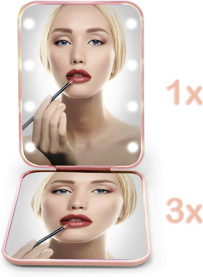 Kintion Pocket Mirror, 1X/3X Magnification LED Compact Travel Makeup Mirror, Compact Mirror with Light, Purse Mirror, Folding, Handheld, Small Lighted Mirror for Gift, Pink