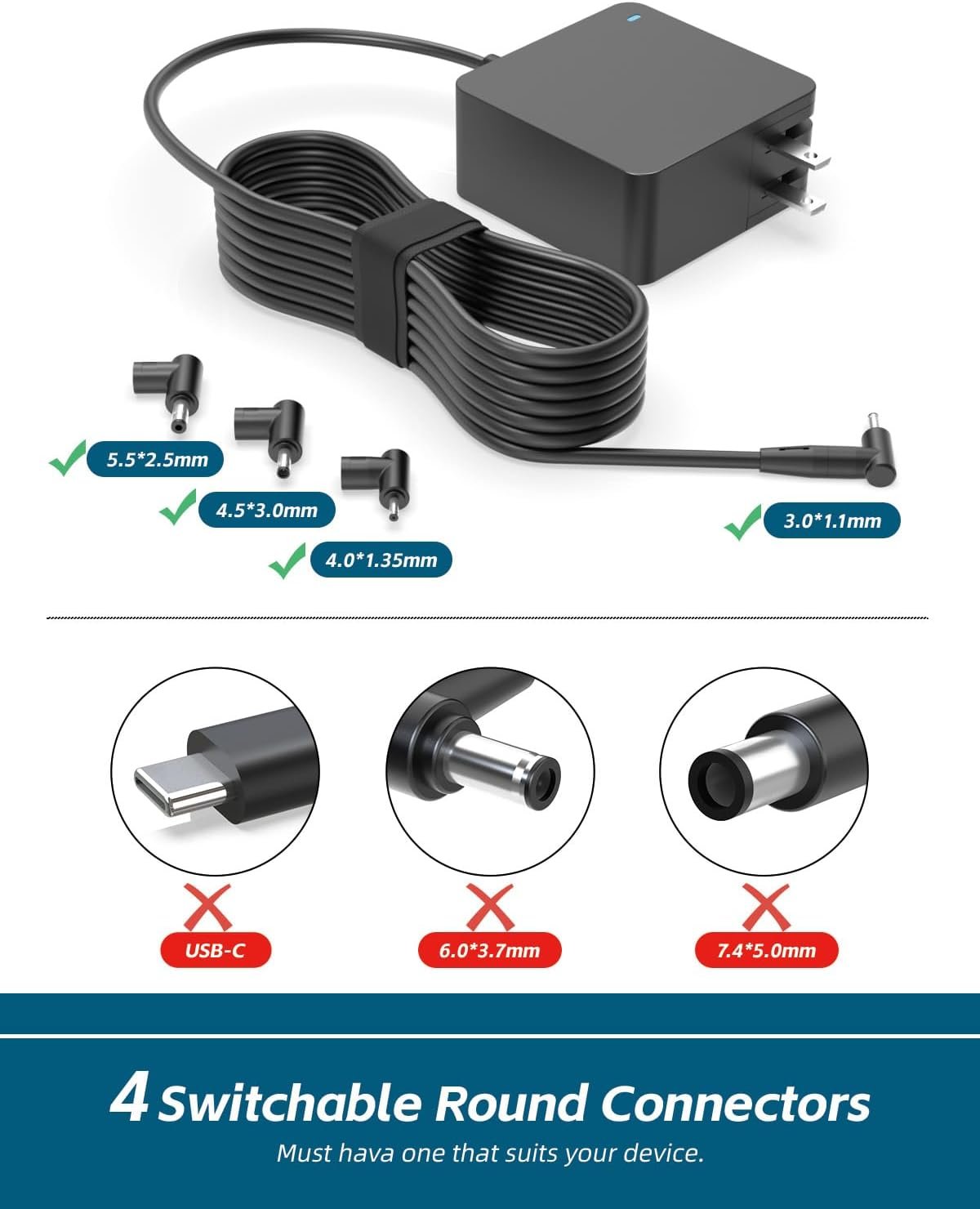 Laptop Charger for Asus, (UL Safety Certified), Vivobook Zenbook Chormebook and More Series, Power Lamp, Extended Cable, Round Connector, 65W, 45W, 33W