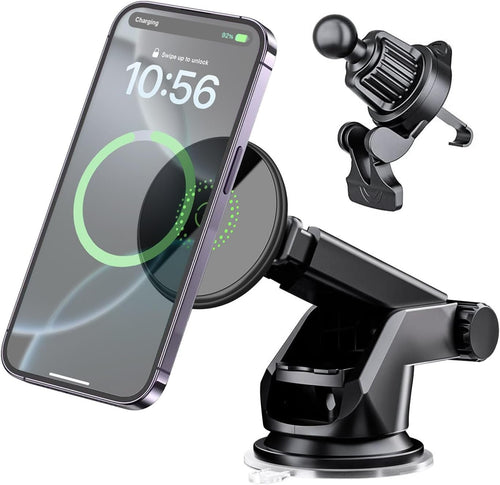 Magnetic Wireless Car Charger Mount 15W Car Phone Holder Compatibl with iPhone 12-16 Series,Vent Windshield Dash Mount Phone Charger Holder Mount (Black Magnetic)