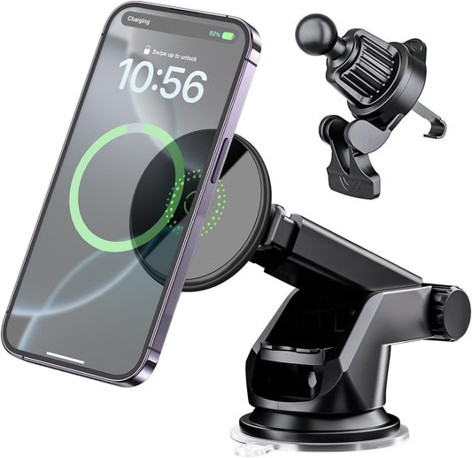 Magnetic Wireless Car Charger Mount 15W Car Phone Holder Compatibl with iPhone 12-16 Series,Vent Windshield Dash Mount Phone Charger Holder Mount (Black Magnetic)