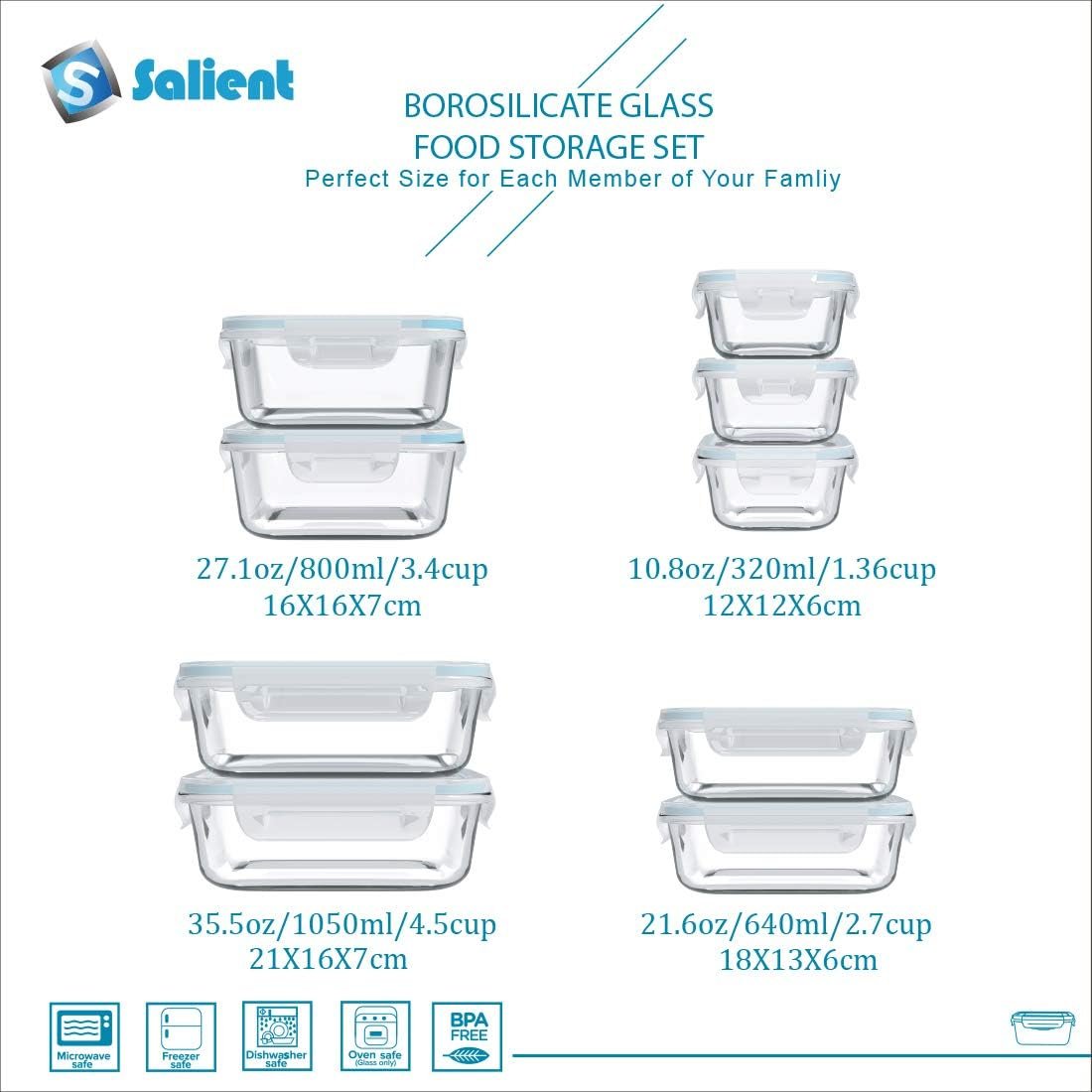 S SALIENT 18 Piece Glass Food Storage Set With Lids, Meal Prep Containers, BPA Free & Leak Proof (9 Lids & 9 Containers)