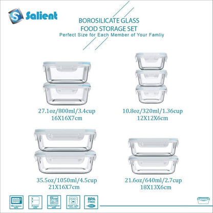 S SALIENT 18 Piece Glass Food Storage Set With Lids, Meal Prep Containers, BPA Free & Leak Proof (9 Lids & 9 Containers)