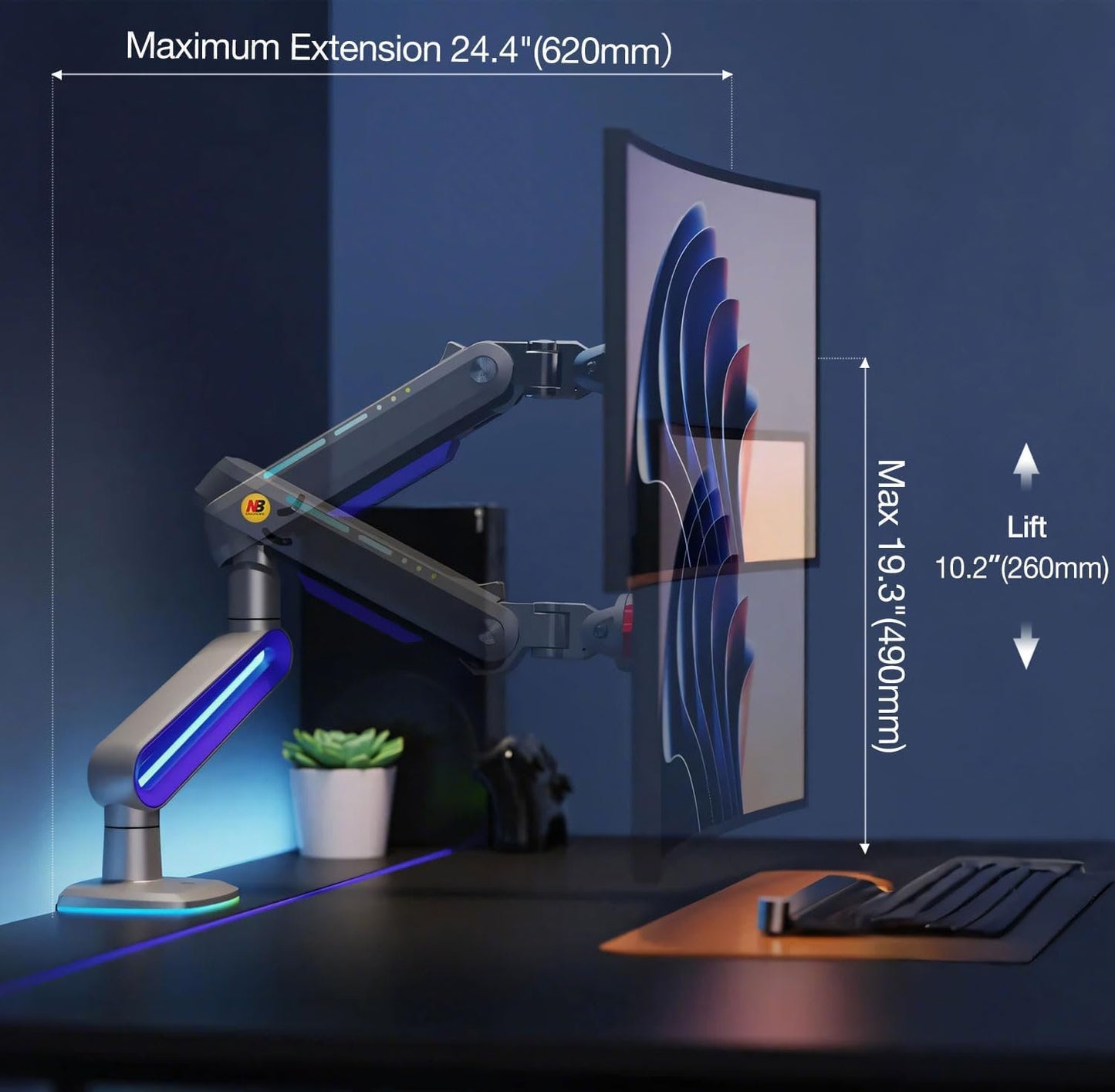 NB ERGONOMIC RGB Gaming Monitor-arm for Flat/Ultrawide/Curved Monitors 32 to 60 inch, Heavy Duty Stand Load up to 20 kg, VESA 75/100 mm Monitor-Mount G70-New