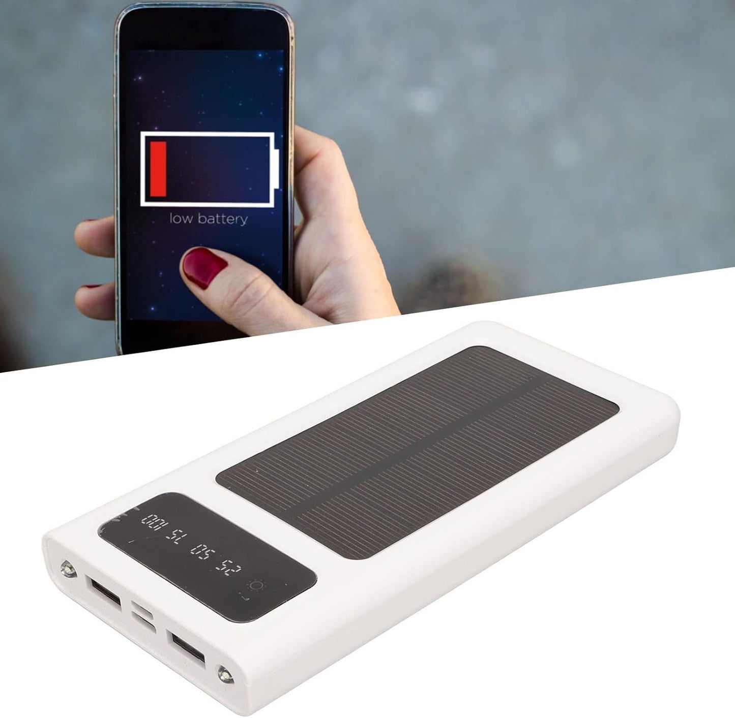 Solar Power Bank Portable 20000mAh Phone, Support Power Display 3 Output and 1 Input Cables and Flashlight, Portable Solar for Hiking Fishing and Traveling (White)