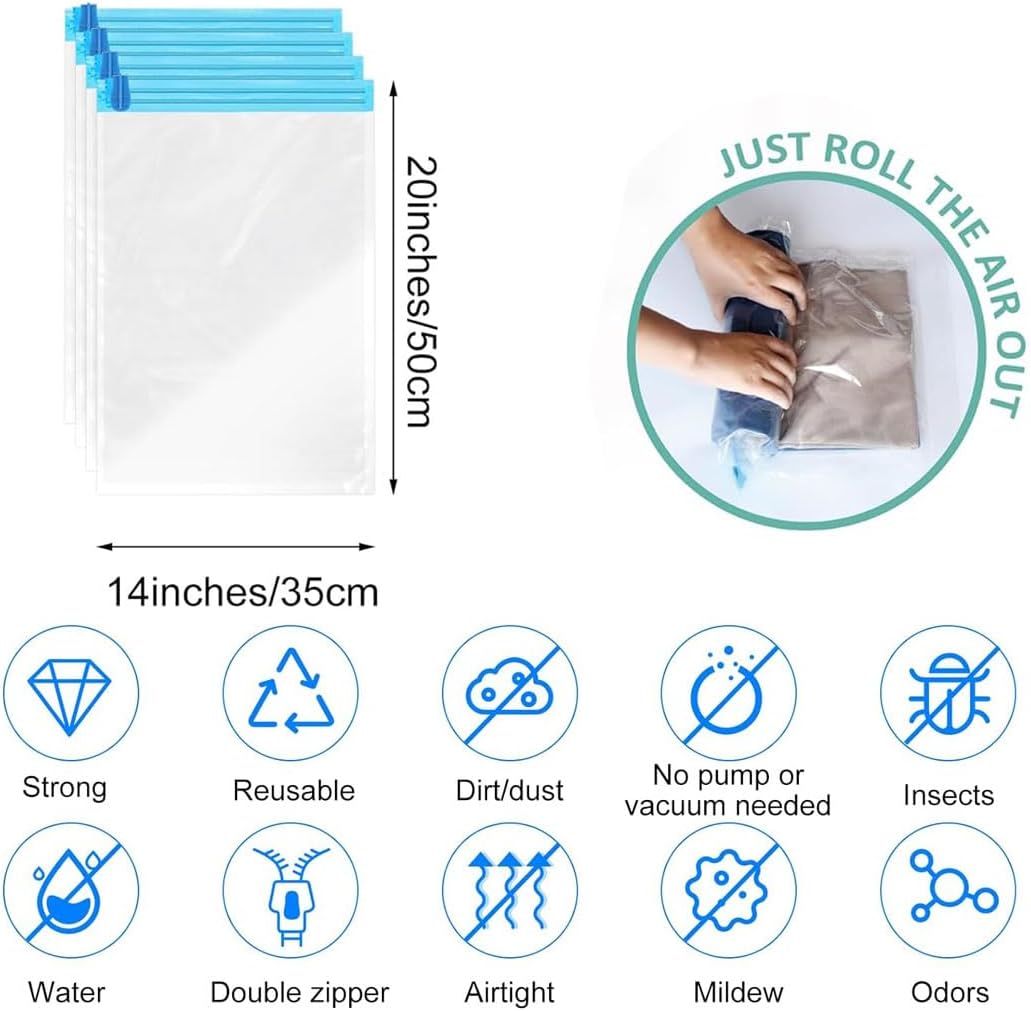 iDopick 8 Pack Compression Bags for Travel,Cream Roll Up Space Saver Bags Reusable Seal Clothes Bags,No Pump Needed Vacuum Storage Bags for Luggage, Suitcase, Backpack, Travel Essentials (35x50cm)