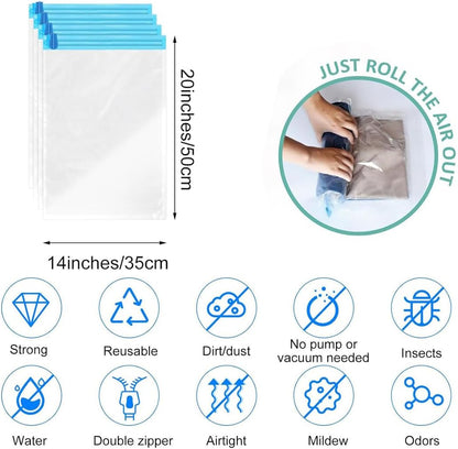 iDopick 8 Pack Compression Bags for Travel,Cream Roll Up Space Saver Bags Reusable Seal Clothes Bags,No Pump Needed Vacuum Storage Bags for Luggage, Suitcase, Backpack, Travel Essentials (35x50cm)