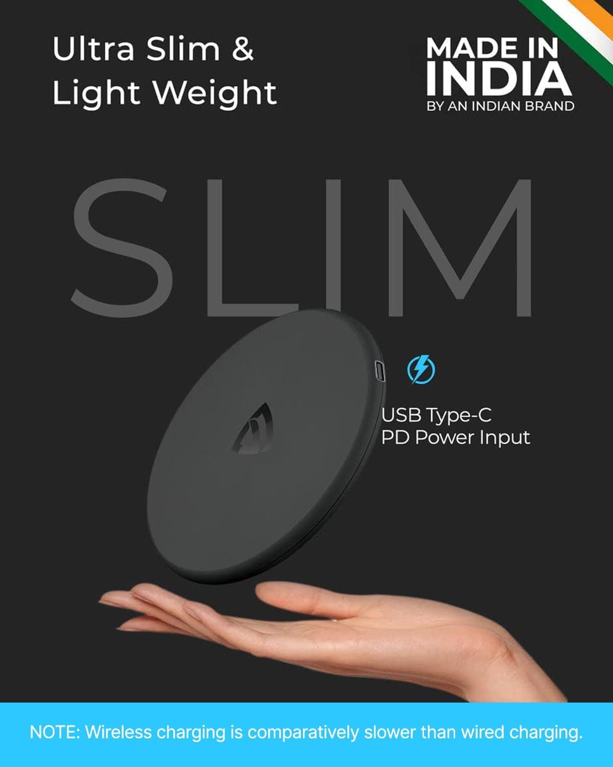 RAEGR Arc 400 Pro 15W Type-C PD | Made in India | Qi-Certified Wireless Charger with Fireproof ABS Compatible with iPhone 16/15/14/13 Series, Galaxy S25/S24/S23 Series, OnePlus 9/9 Pro -Matte Black