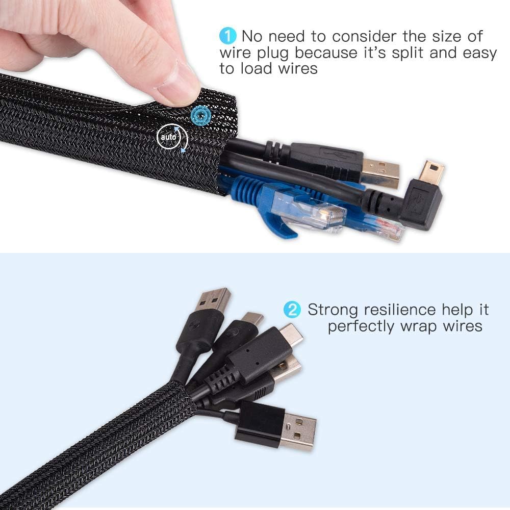 AGPTEK Cable Management Sleeve Cover, Cord Management System for Desk PC TV Computer Projector Wires Protection and Organization, Home, Theater and Office, 10ft - 4/5inch, Black