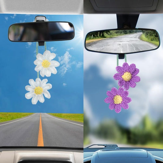 2 PCS Cute Daisy Crochet Car Decor, AFUNTA Flower Rear View Mirror Accessories Cute Car Hanging Accessories Car Pendant car Accessories Interior