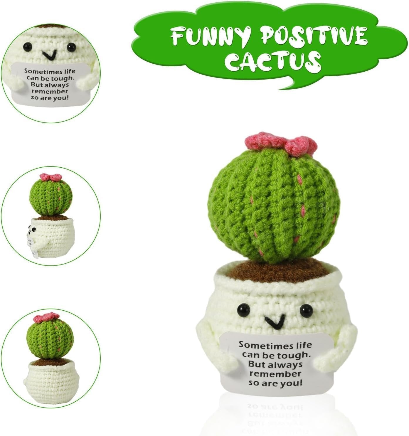 Crochet Positive Cactus, Handmade Knitted Cactus Emotional Positive Ornaments with Encouraging Card for Coworker Kids Friends Sister Room Office Desktop Decor Birthday Christmas Thanksgiving Gift