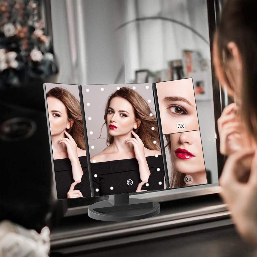 WEILY Vanity Makeup Mirror,1x/2x/3x Tri-Fold Makeup Mirror with 21 LED Lights and Adjustable Touch Screen Lighted Mirror Dressing Mirrors for Women(Black)