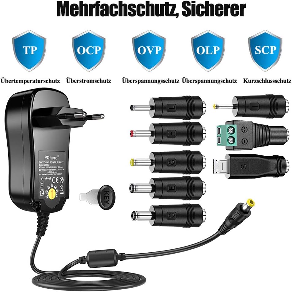 Universal AC/DC Power Adapter, PChero 24W Switching Power Supply with 8 DC Plugs, Including Micro USB Connector for 3/4.5/5/6/7.5/9/12V Home Electronics – 2000 mA Max.