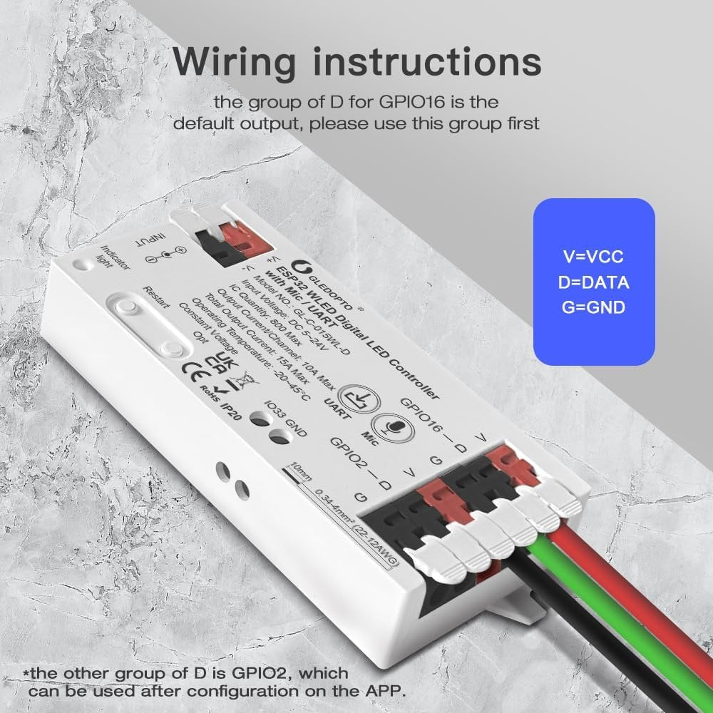 GLEDOPTO ESP32 WLED LED Strip Controller Mic UART Download Music Sound Dynamic Mode RGB IC DIY WiFi APP Control Easy Wiring for WS2811 WS2812 SK6812 TM1814 WS2813 WS2815 FCOB Addressable Strip Light