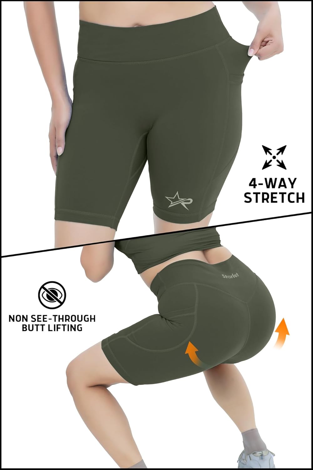Starforce Apparel Women’s Yoga Shorts Mid Waisted - Tummy Control, Gym Workout, Non See-Through Running Shorts with Side Pockets