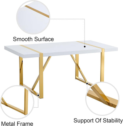 CTPNMCIN Modern Dining Table, 55'' Dining Room Table for 4-6 People, White Wood Tabletop with Gold Metal Legs, Suitable for Small Space