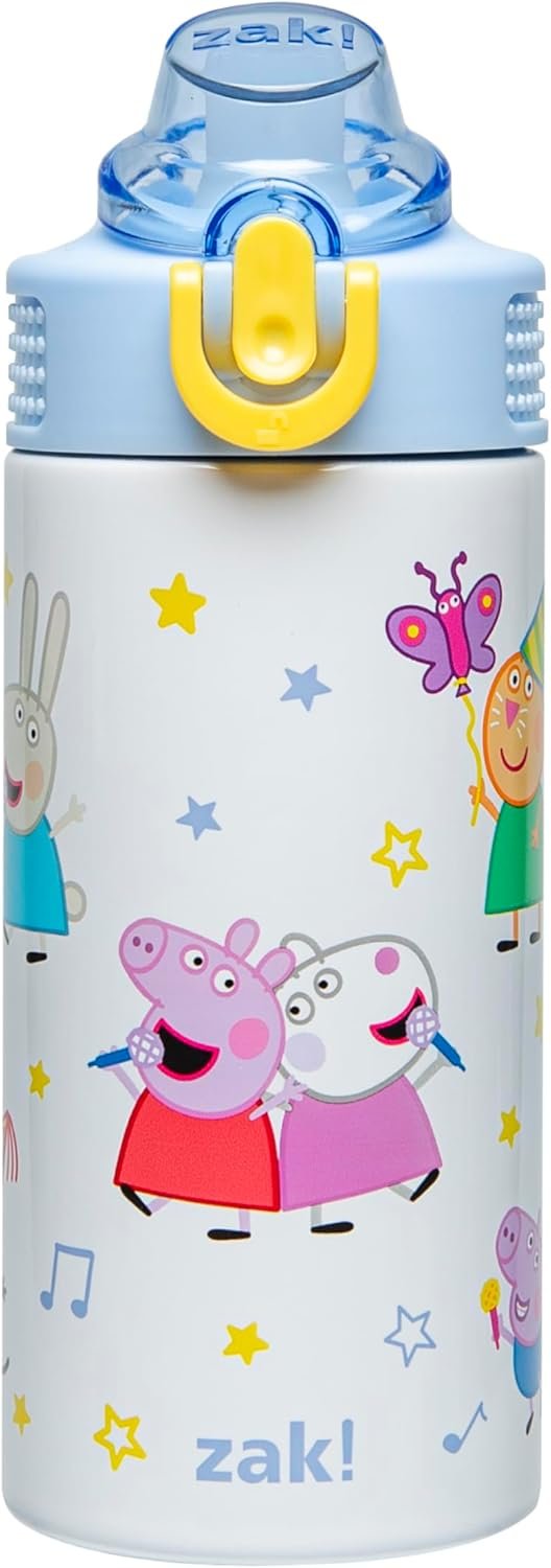 Zak Designs Peppa Pig Sage Kids Water Bottle for School or Travel, 14oz Stainless Steel Water Bottle with Straw, Handle, and Leak-Proof, Pop-Up Spout Cover (Peppa & Friends)