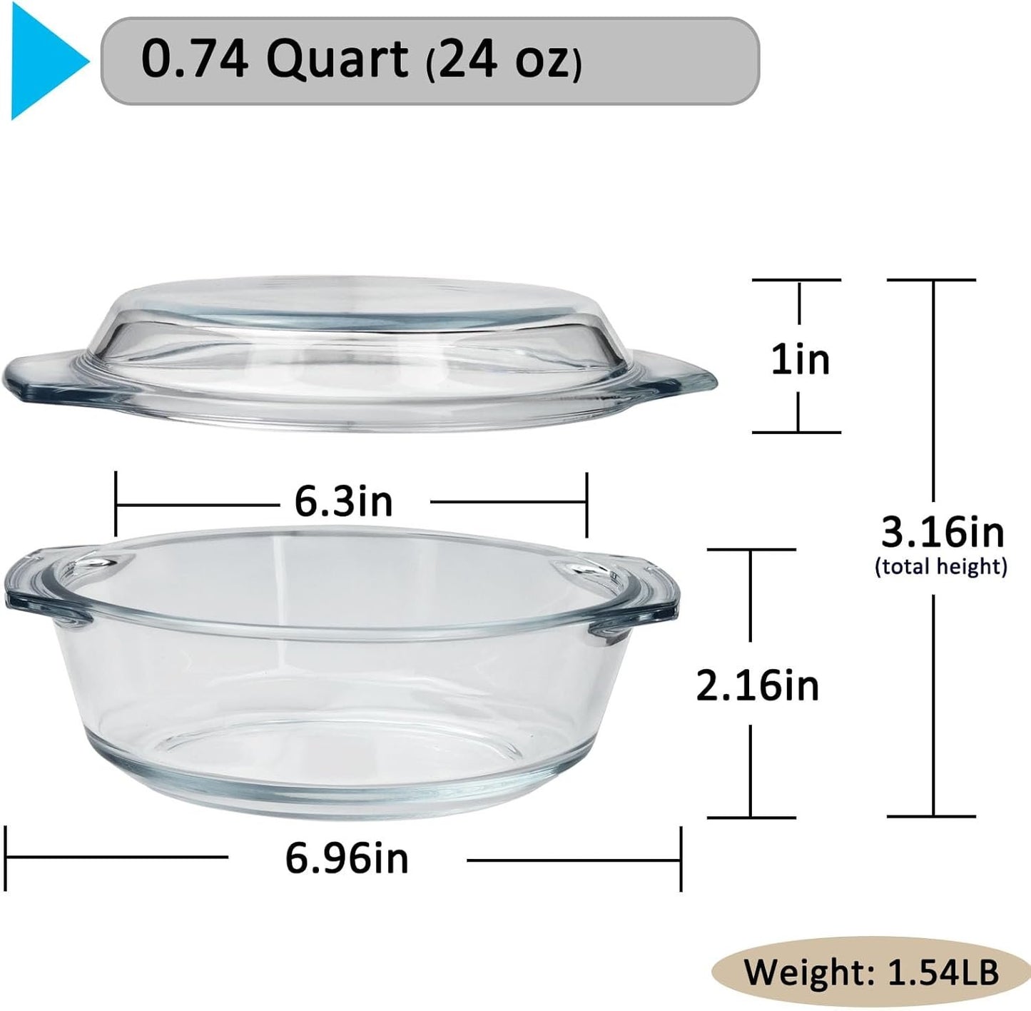 Glass Casserole Dish With Glass Lid, Covered Glass Microwavable Bowl Oven Safe, Easy Grab Glass Baking Dish for Oven (0.75 QT)