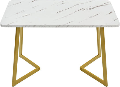 Cayipng 117 x 68 cm 5-Piece Dining Table Set with 4 Velvet Upholstered Chairs, Rectangular Kitchen Tables w/ Gloden Legs, Metal Frame & Marble Tabletop, Beige