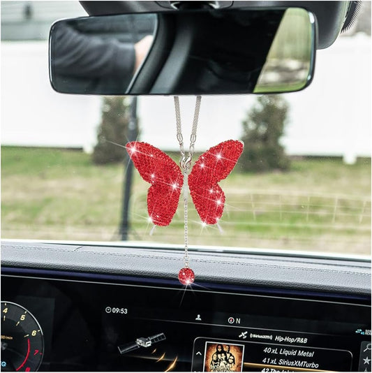 XINLIYA Bling Butterfly Diamond Car Accessories, Crystal Car Rear View Mirror Charms for Women, Car Decoration Lucky Gifts Hanging Interior Crystal Ornament Pendant Decor for All Cars（Red）