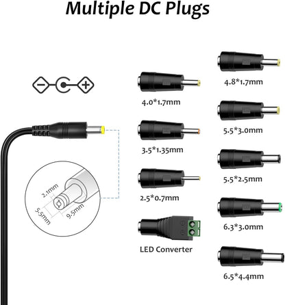 12V 2A Power Supply, Zolt Transformer Universal AC DC Power Adapter with 9 DC Plugs for Electronics, 24W Max.