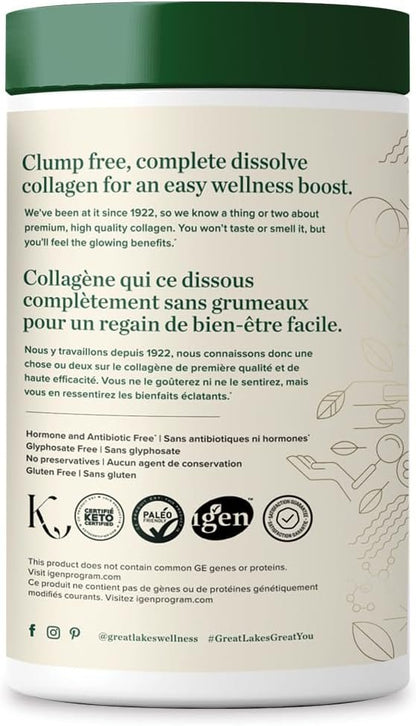 Great Lakes Wellness Collagen Peptides Powder - Unflavored - Quick Dissolve Hydrolyzed, Hormone & Antibiotic Free, Non-GMO, No Preservatives - 454g