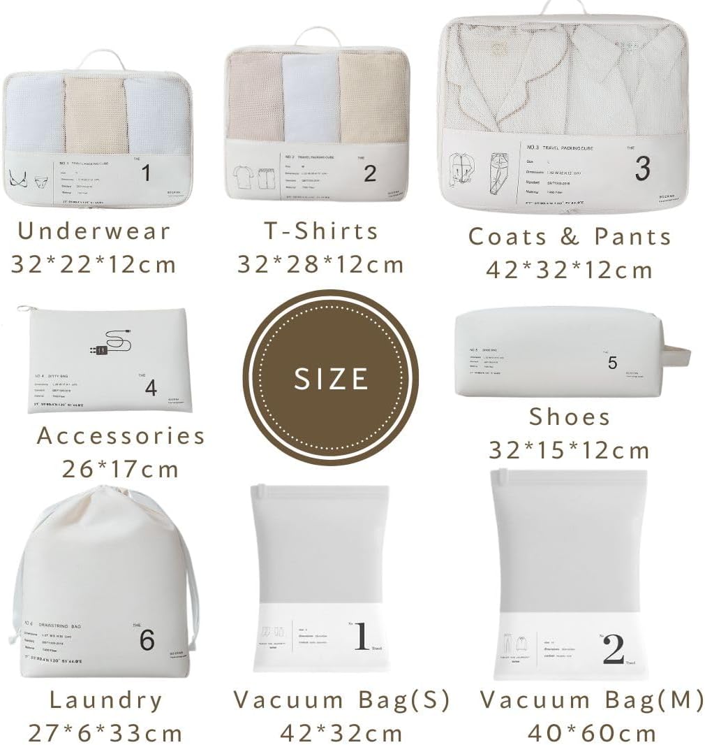Packing Cubes for Travel, 8 Pcs Lightweight Travel Bags With Vacuum Storage Bags Luggage Organiser Travel Cells Packing Cells White