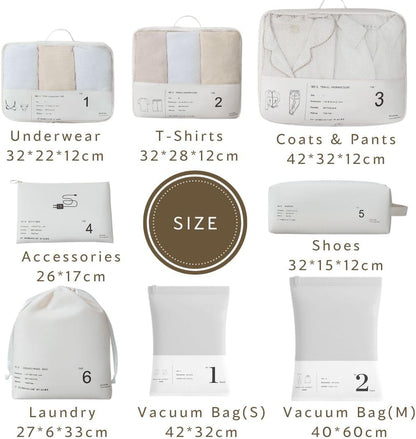 Packing Cubes for Travel, 8 Pcs Lightweight Travel Bags With Vacuum Storage Bags Luggage Organiser Travel Cells Packing Cells White