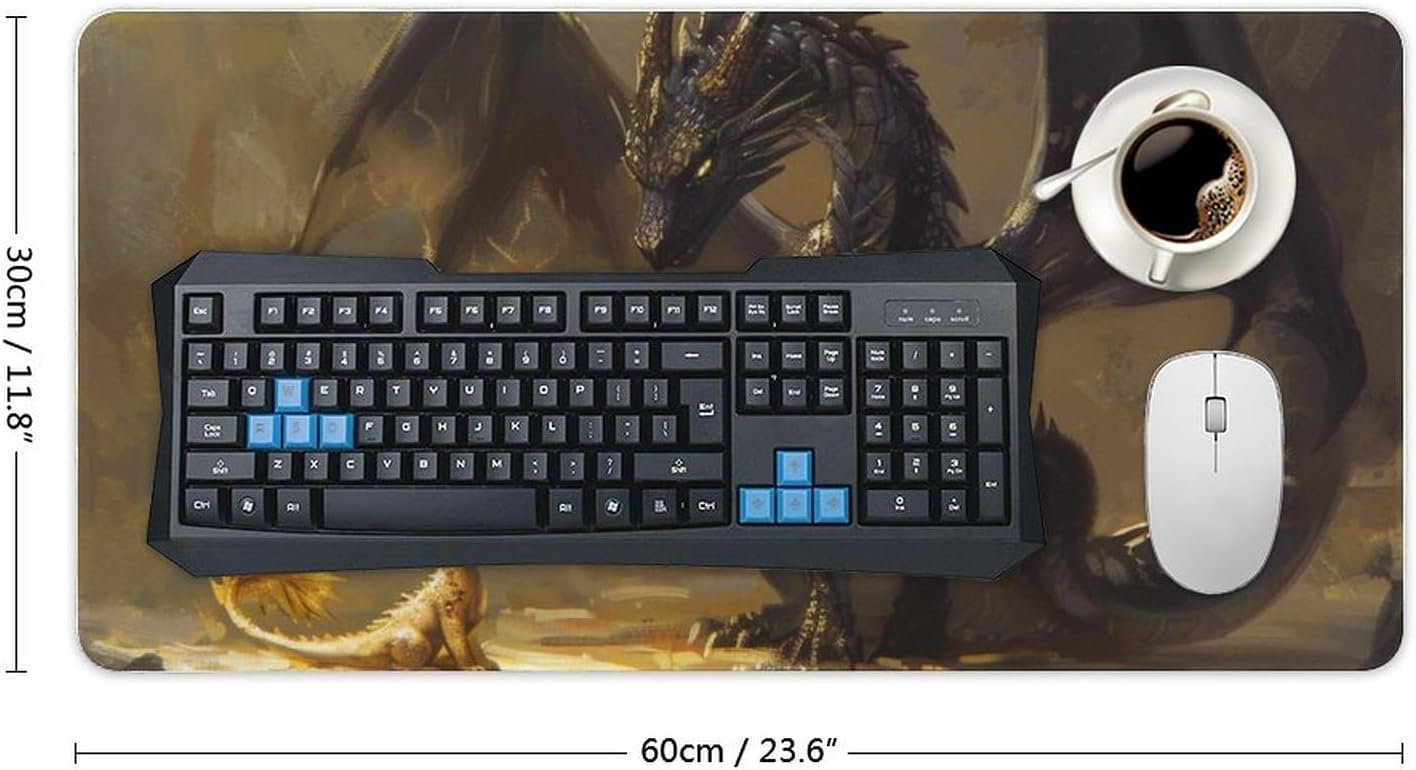 QEOPGNE Large Mouse Pad Gaming Fantasy Black Dragon Small Cute Golden Dragon Desk Mat for Keyboard and Mouse Mat Non-Slip Rubber Desk Pad 30x60cm